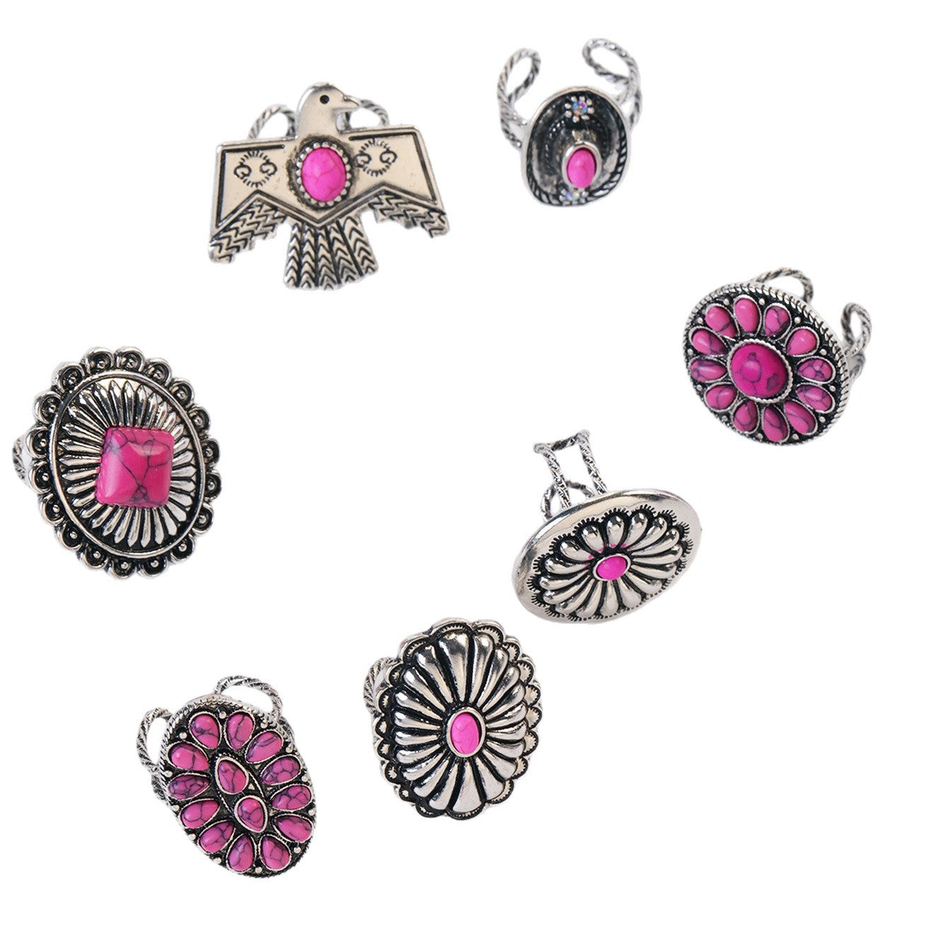 Wholesale Zinc Alloy Inlay Flower Ring Set Retro Ethnic Style Fashion Accessory for Women Gift
