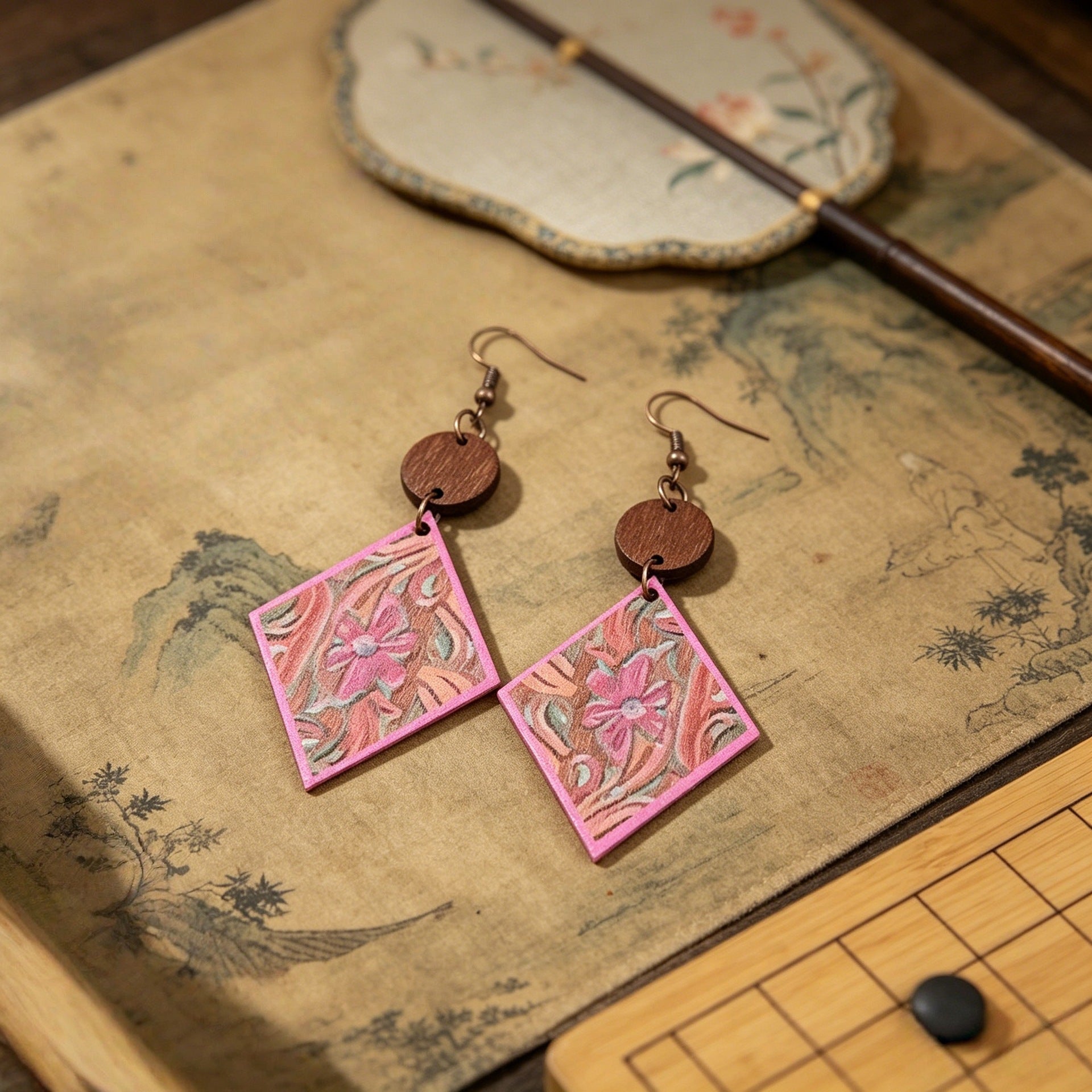 Wholesale Pink Wooden Earrings With Bohemian Vintage Rhombus And Petal Print Party Fashion Jewelry Accessory