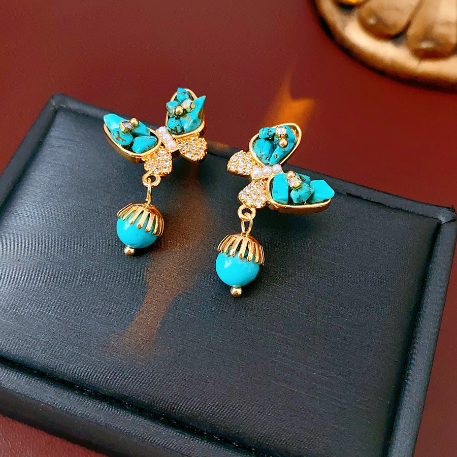 Wholesale Gold Plated Turquoise Butterfly Earrings Vintage Ethnic Style Fashion Accessory
