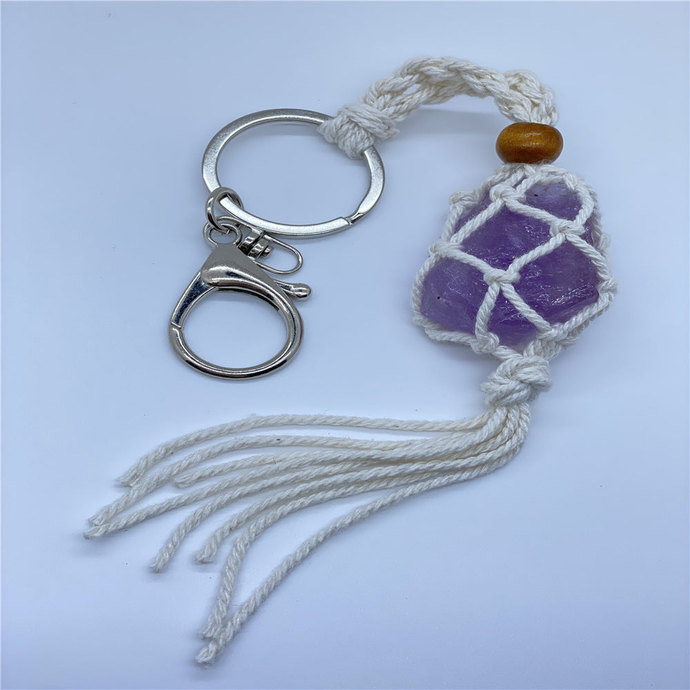 Wholesale Crystal Raw Stone Woven Mesh Pocket Keychain Natural Stone ACC-KC-Nius001