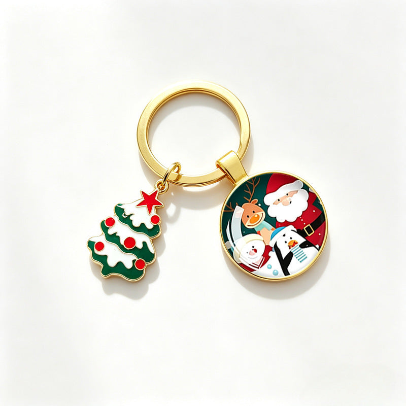 Wholesale Christmas Themed Metal Keychain Pendant With Epoxy Print Decorative Car Key Accessory Gift For Boutique Resale