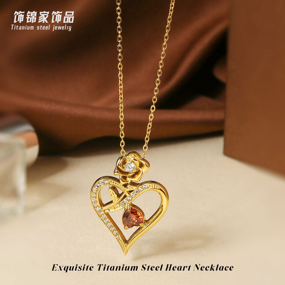 Wholesale Mother' s Day Titanium Steel Heart-Shaped Pendant Necklace with Zircon Inlay