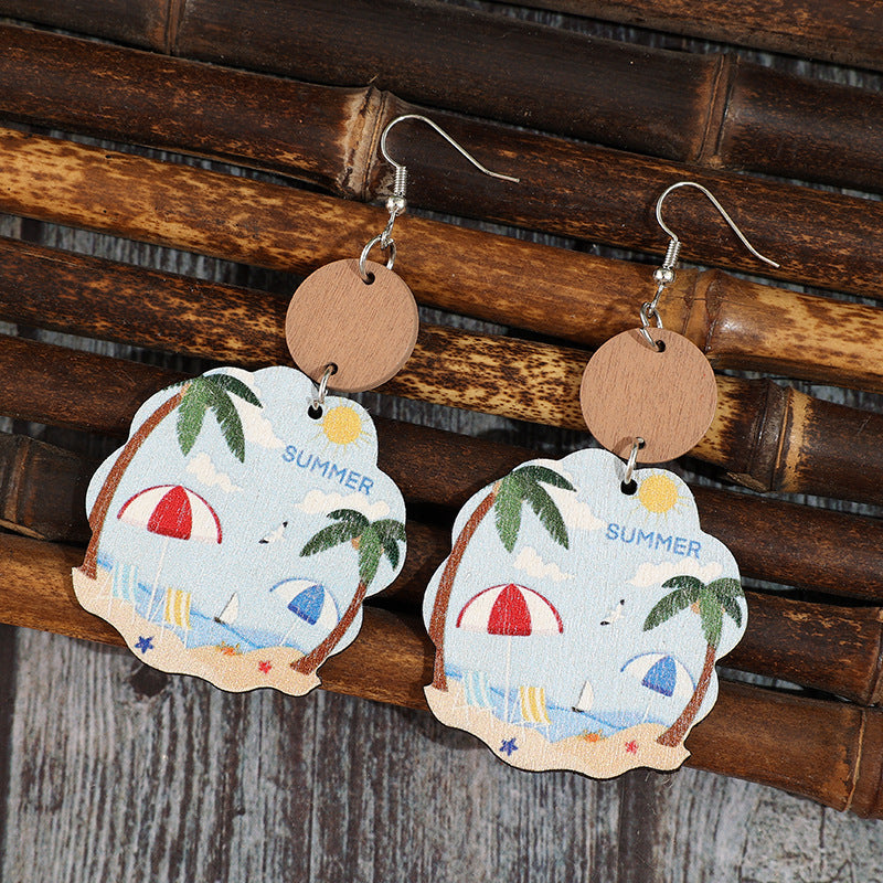 Wholesale Wooden Earrings for Women,  nut Tree Pattern Beach Summer Style Fashion Accessory