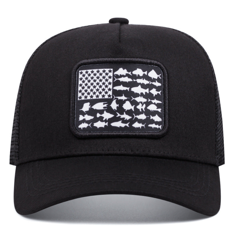 Wholesale American Flag Fish Embroidered Mesh Cap Baseball Cap