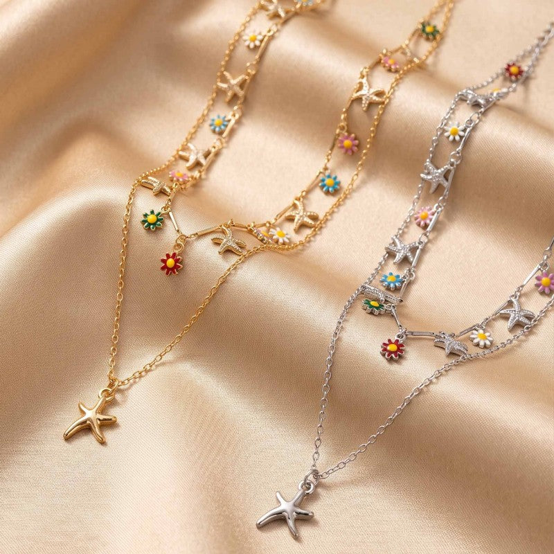 Wholesale Gold Starfish Pendant Double Layer Clavicle Chain With Drop Enamel Flower Design Fashion Jewelry Accessory For Casual Wear