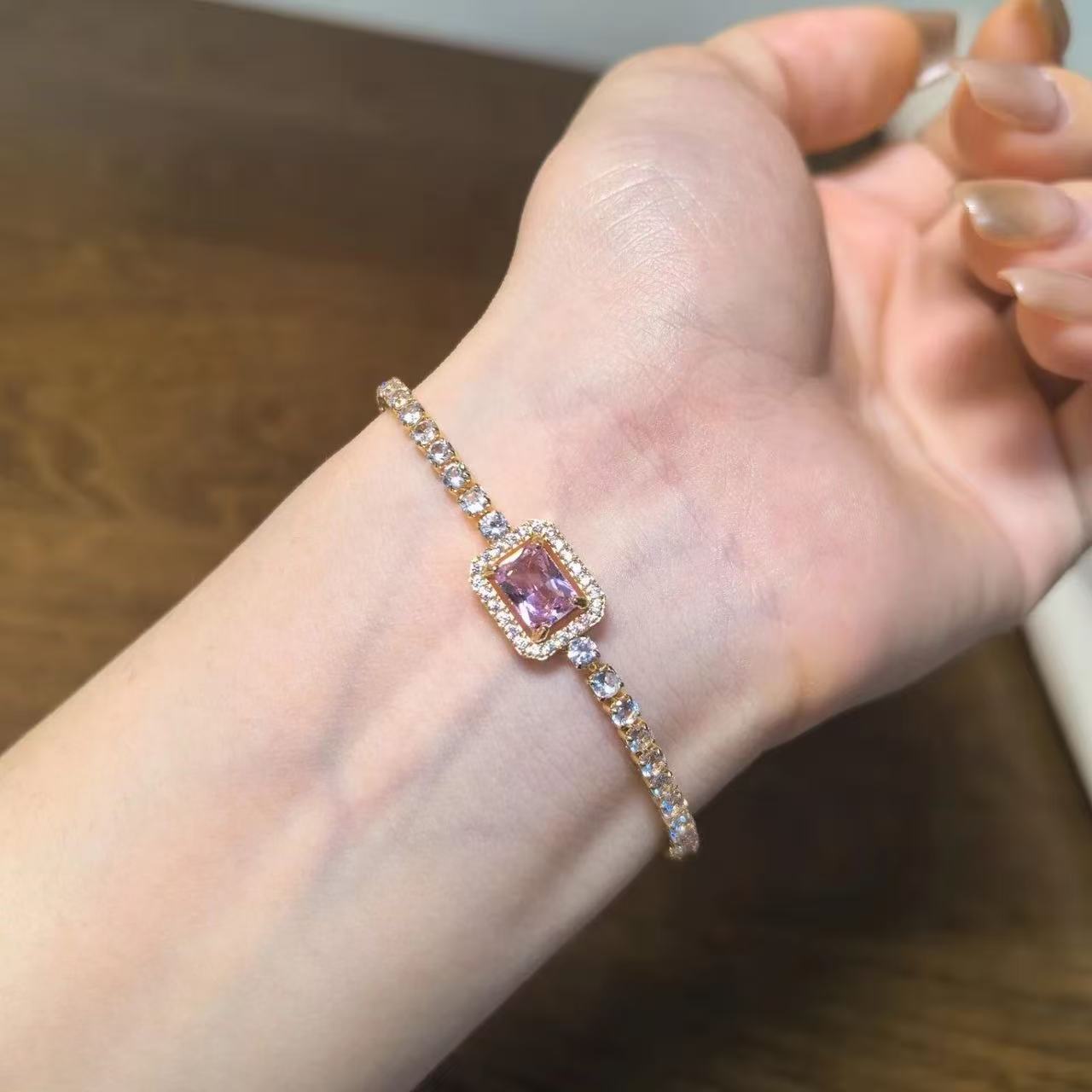 Wholesale Fashion Slide Bracelet with Pink Square Zircon,  Alloy,  Trendy Jewelry Accessory for Women