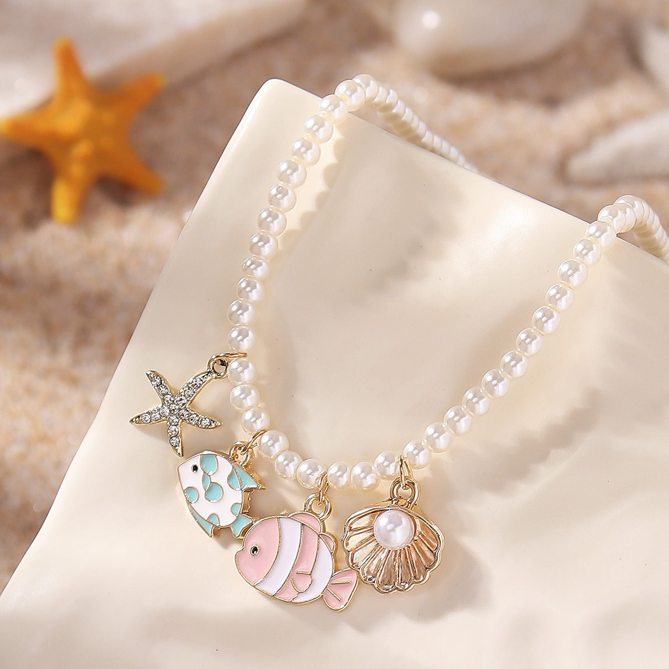 Wholesale Pearl cute cartoon small fish starfish shell necklace