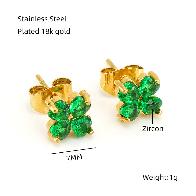 Wholesale Stainless Steel Plated Earrings for Women 18K Gold Inlaid Zircon Four-leaf Clover Earrings ACC-ES-ZhongXin005