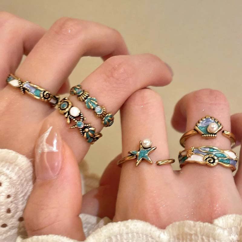 Wholesale Ocean Party Retro Starfish Shell Pearl Enamel Women S Adjustable Stacking Ring Jewelry Accessory