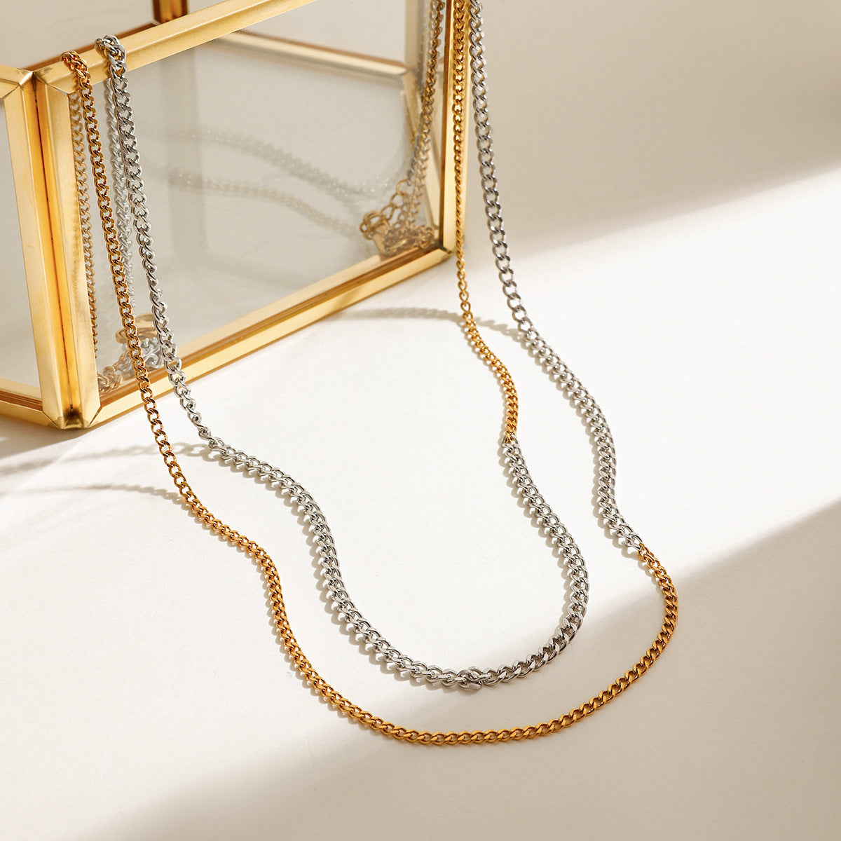 Wholesale 18K gold stainless steel gold and silver color matching 2MM 3MM flat grinding chain  necklace