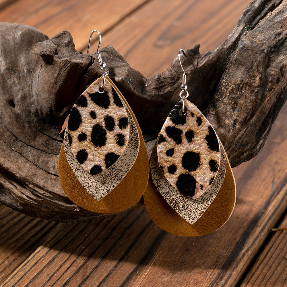 Wholesale Retro Multi-layer Water Drop Leaf PU Leather Earrings Jewelry Accessory