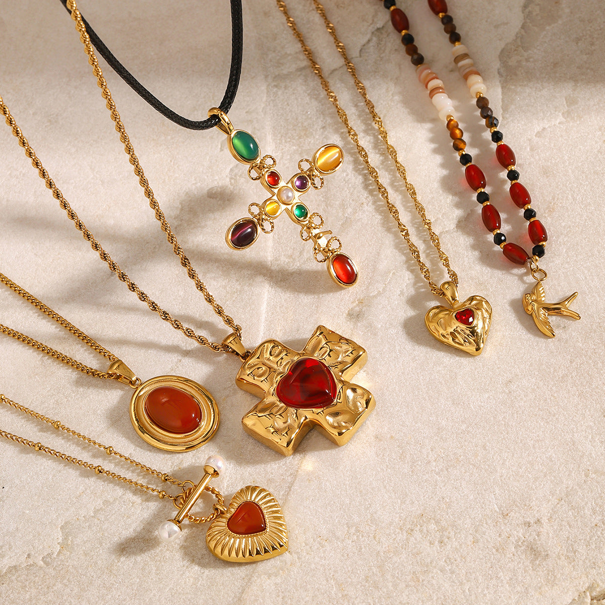 Wholesale Stainless Steel Red Agate Cross Love Necklace