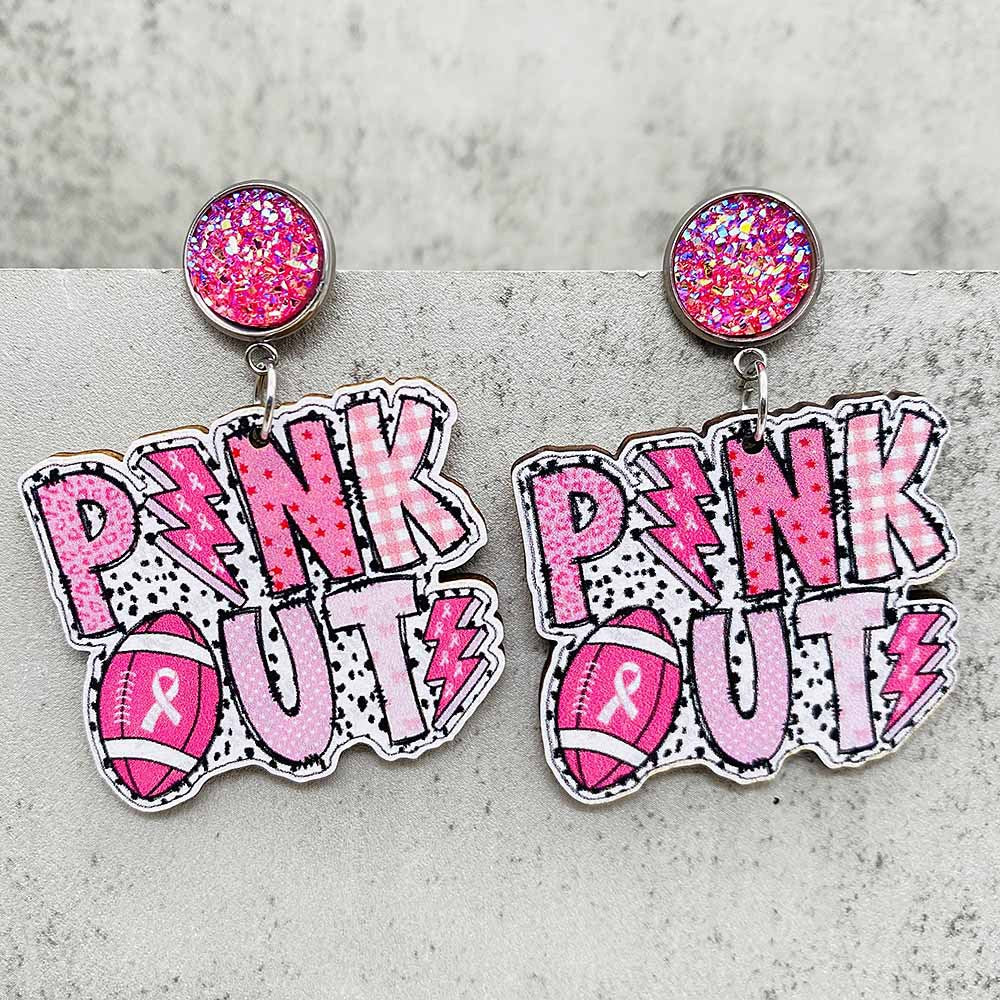 Wholesale Sports Wooden Pink Rugby Valentine's Day Earrings