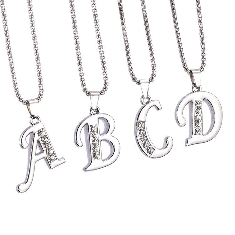 Wholesale Titanium Steel 26 Diamond-Encrusted English Letter Necklaces