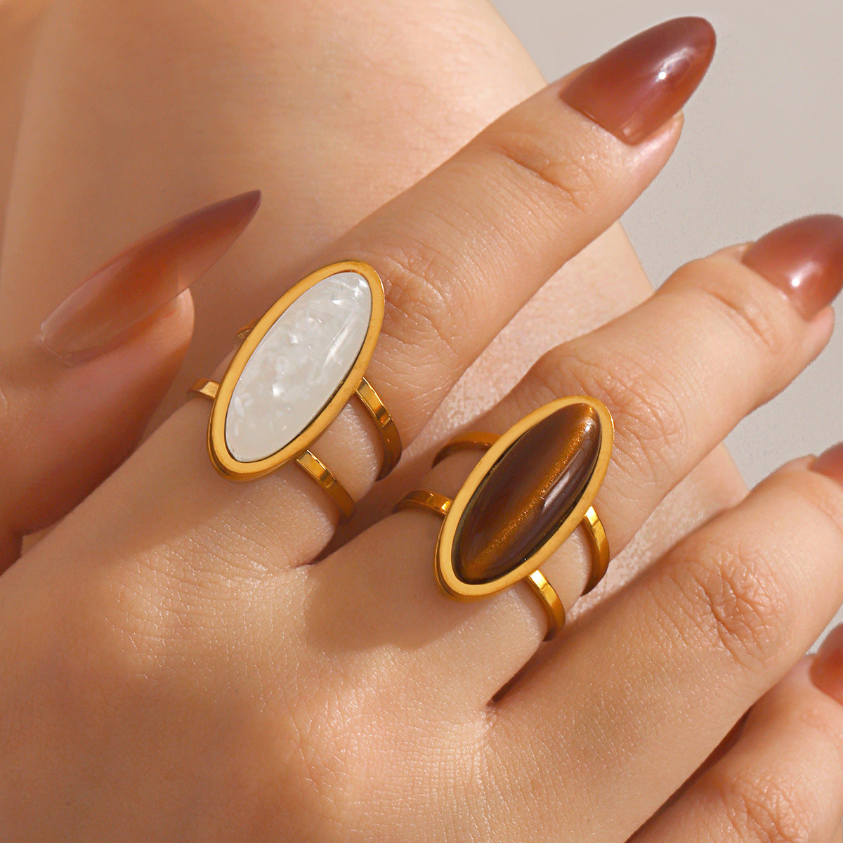 Wholesale Stainless Steel Tiger Eye Stone Geometric Oval Wide Ring for Women - Stylish Hip-Hop Jewelry Accessory