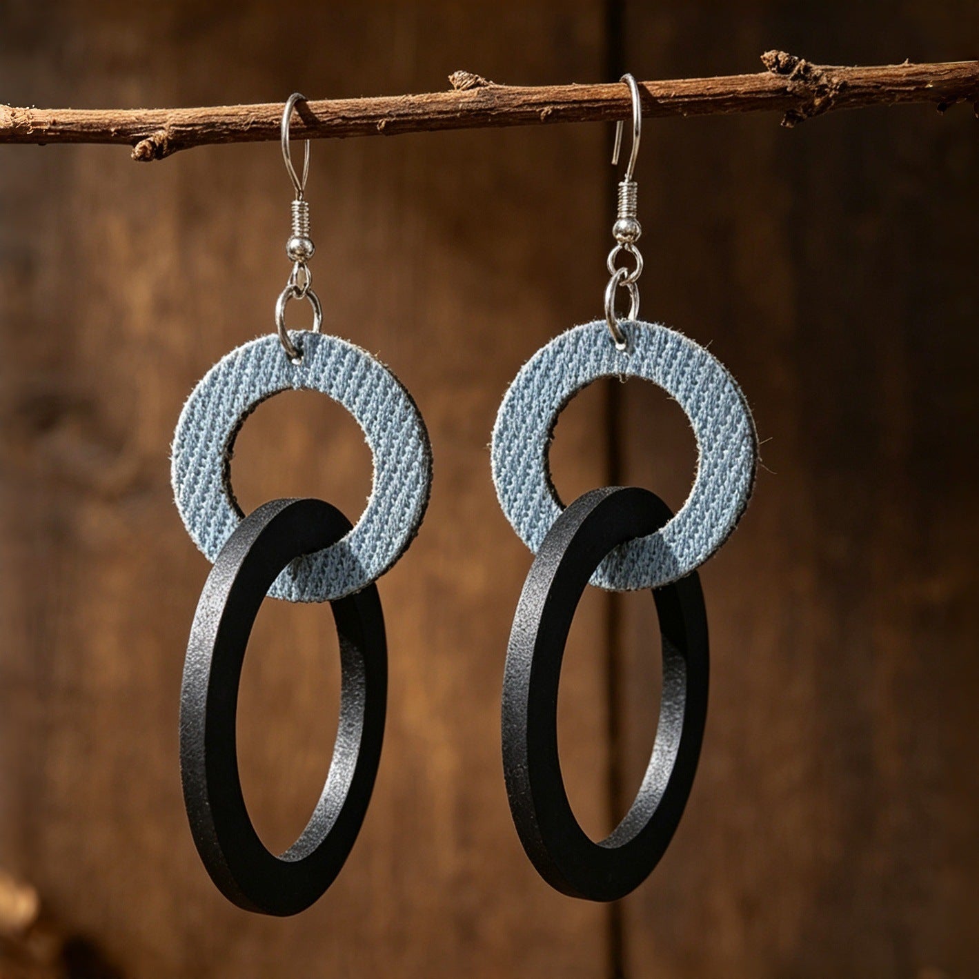 Wholesale Retro Bohemian Double Ring Black Wood Drop Earrings Denim Print Contrast Color Fashion Jewelry Accessory