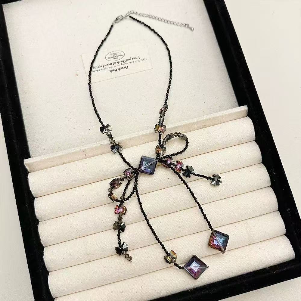 Wholesale Handmade Woven Crystal Bow Tassel Necklace
