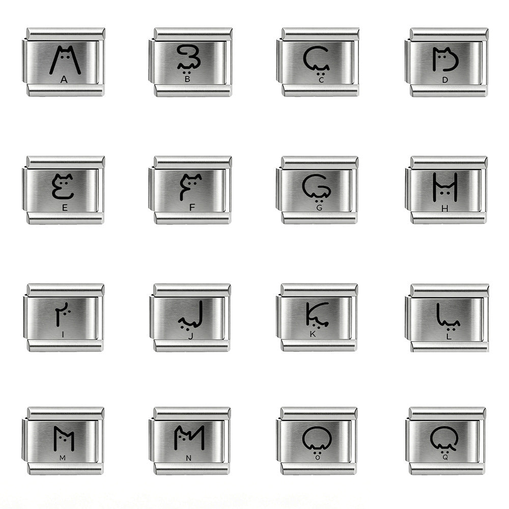 Wholesale Stainless Steel Polished 9mm Elastic DIY Bracelet with Black Alphabet Beads and LUCK Charm Unisex Jewelry Accessory