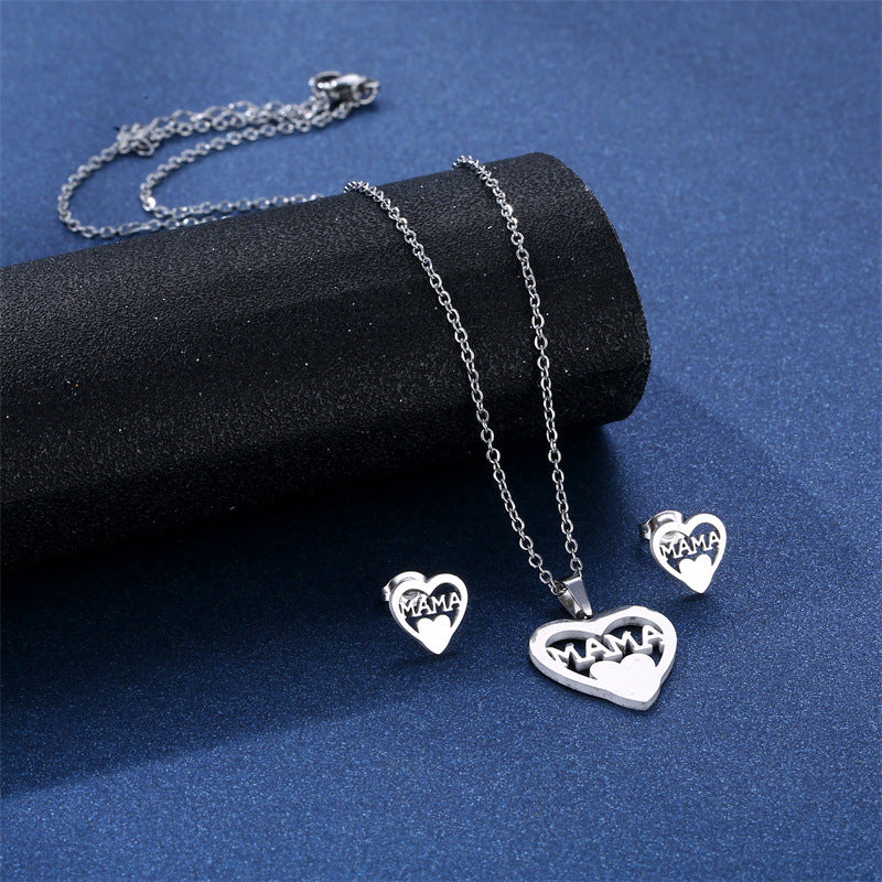 Wholesale MAMA Stainless Steel Earrings Necklace Set Mother's Day ACC-ES-MinM027