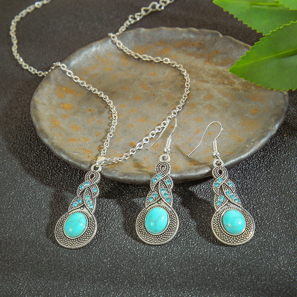 Wholesale Cross-border Amazon popular ethnic style earrings European and American turquoise retro National style earrings necklace suit jewelry