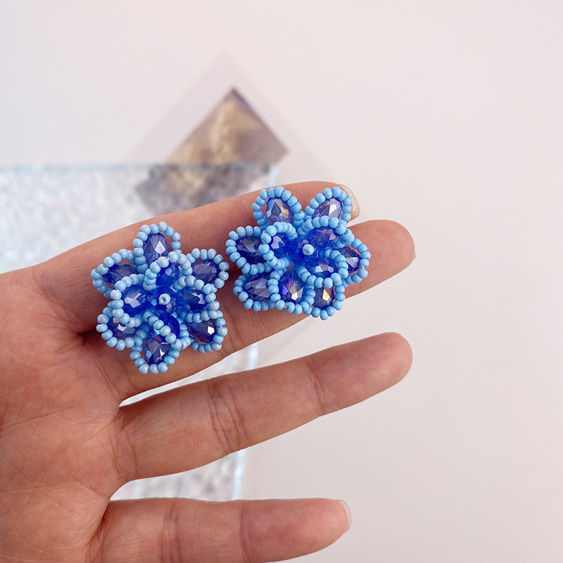Wholesale  Blue Beaded Flower Stud Earrings