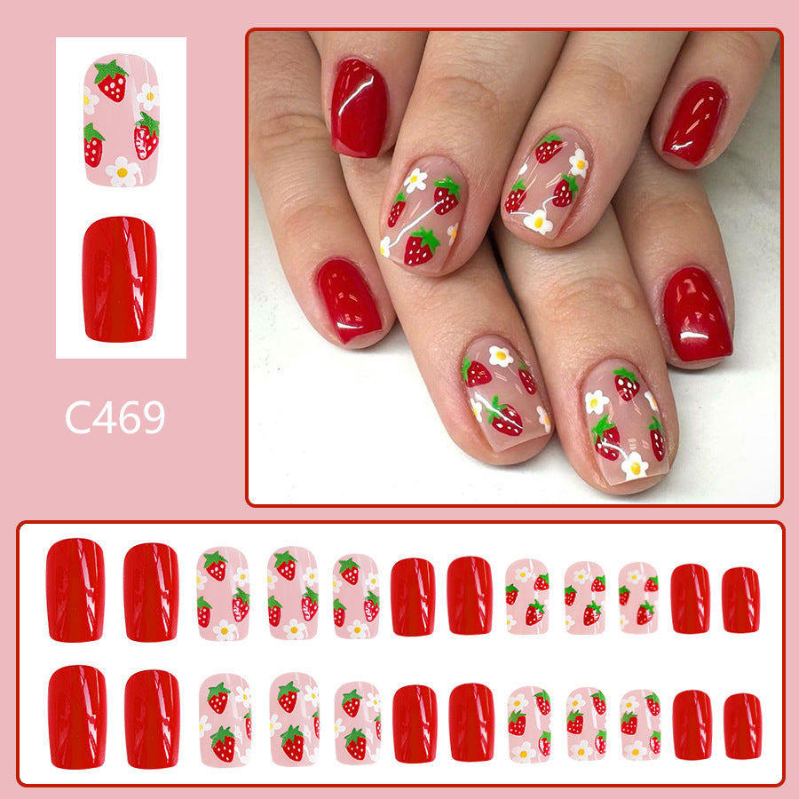 Wholesale 24 Pieces/box Strawberry Flower Manicure Press-on Nails Kits Nail Stickers ACC-NS-GuaiXL027