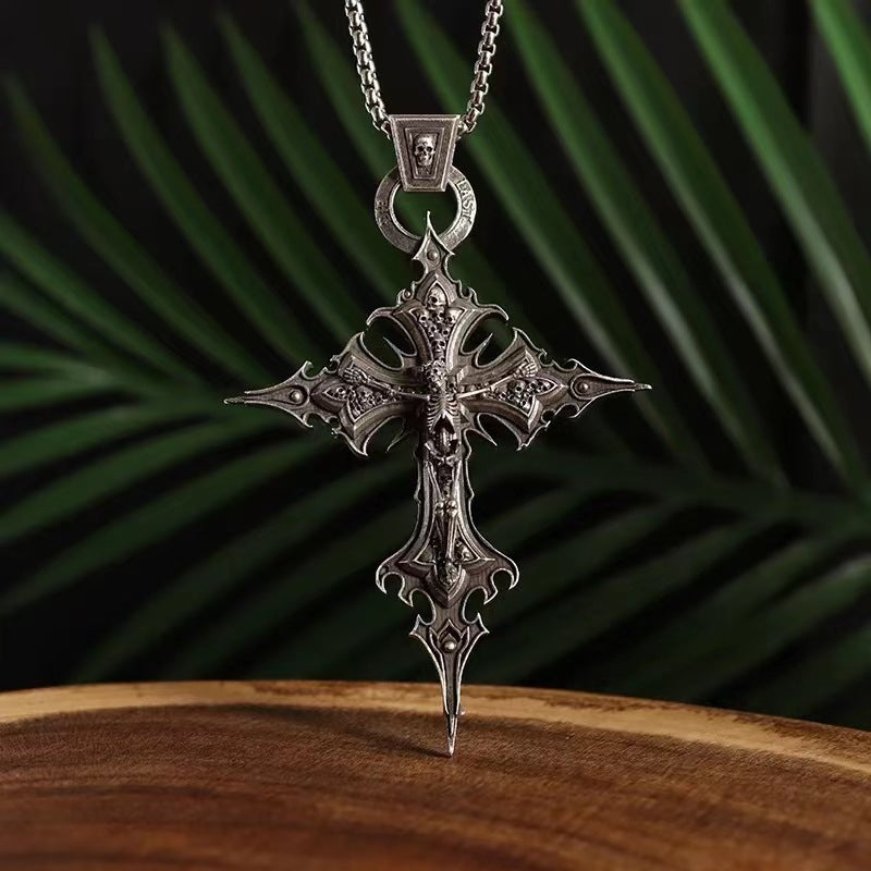 Wholesale Vintage Gothic Skull Cross Pendant Necklace Titanium Steel Chain Punk Style Jewelry
