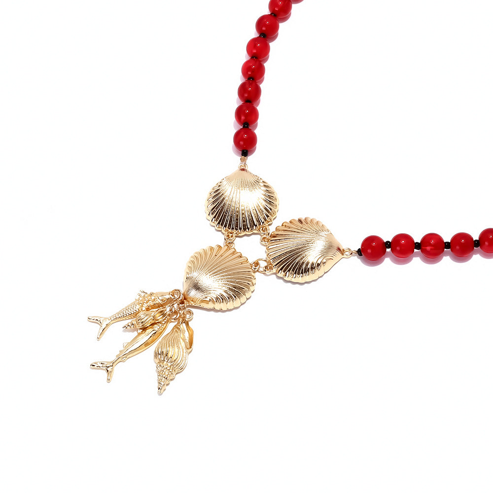 Wholesale Beaded Alloy Shell Tropical Fish Ear Pendant Chain  Marine Animal Necklace