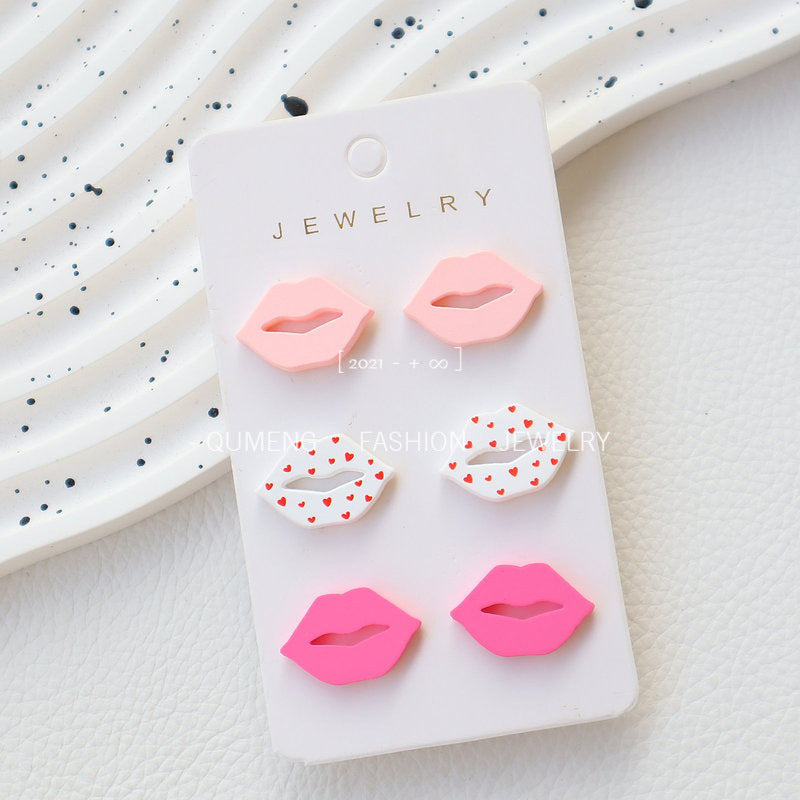 Wholesale 3pcs/set acrylic lacquer lip shape Valentine's Day earrings