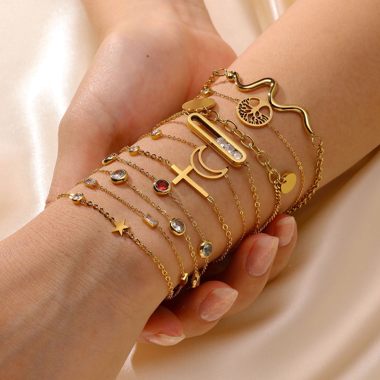 Wholesale Trendy Geometric Gold Stainless Steel Bracelet With White Colorful Zircon For Women Fashion Accessory Gift