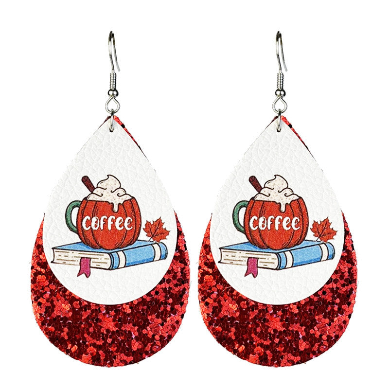 Wholesale 2 Pairs/pack Thanksgiving Day Leather Pumpkin Pie Coffee Turkey Shiny Leather Earrings ACC-ES-HY137