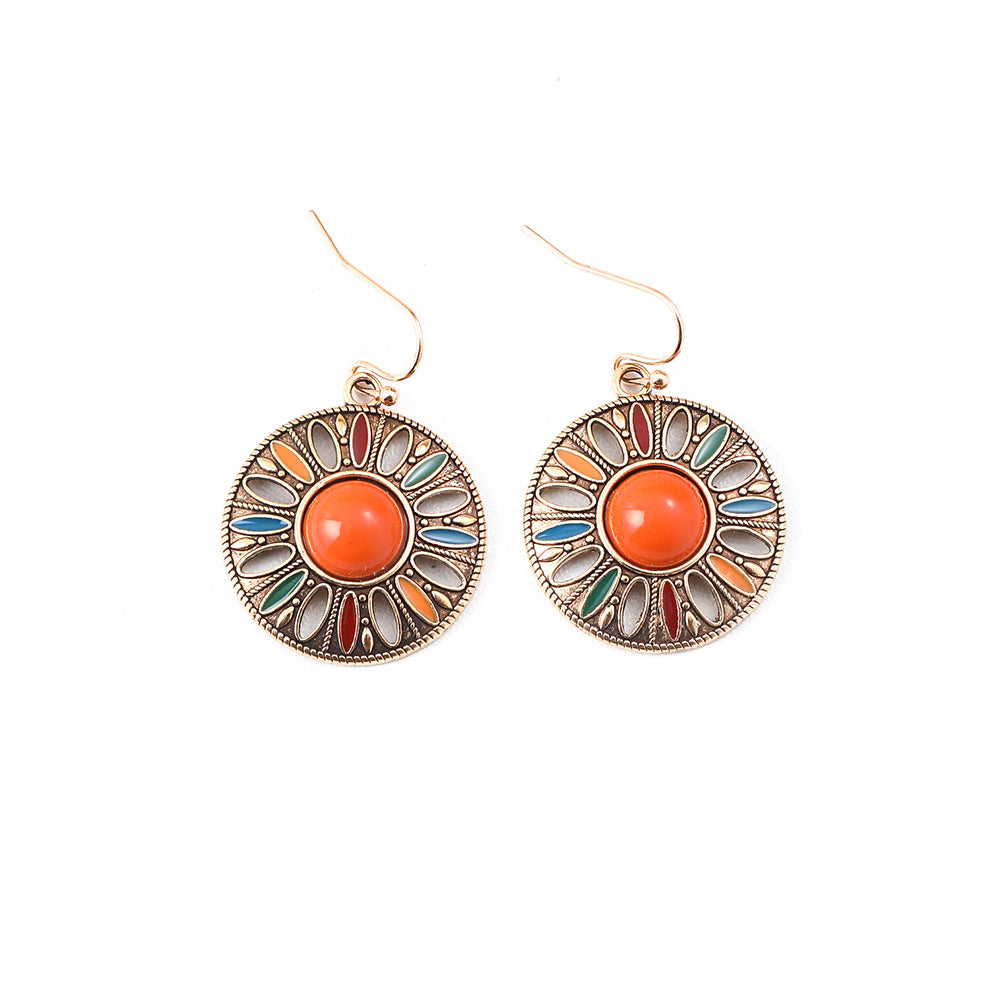 Wholesale Alloy Bohemian Round Pendant Oil Drop Earrings Trendy Jewelry Accessory