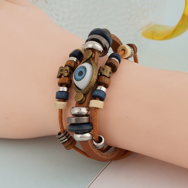 Wholesale Vintage Multi-layered Cowhide Eye Braided Bracelet Leather Layered Bracelet Set ACC-BT-Pufei004