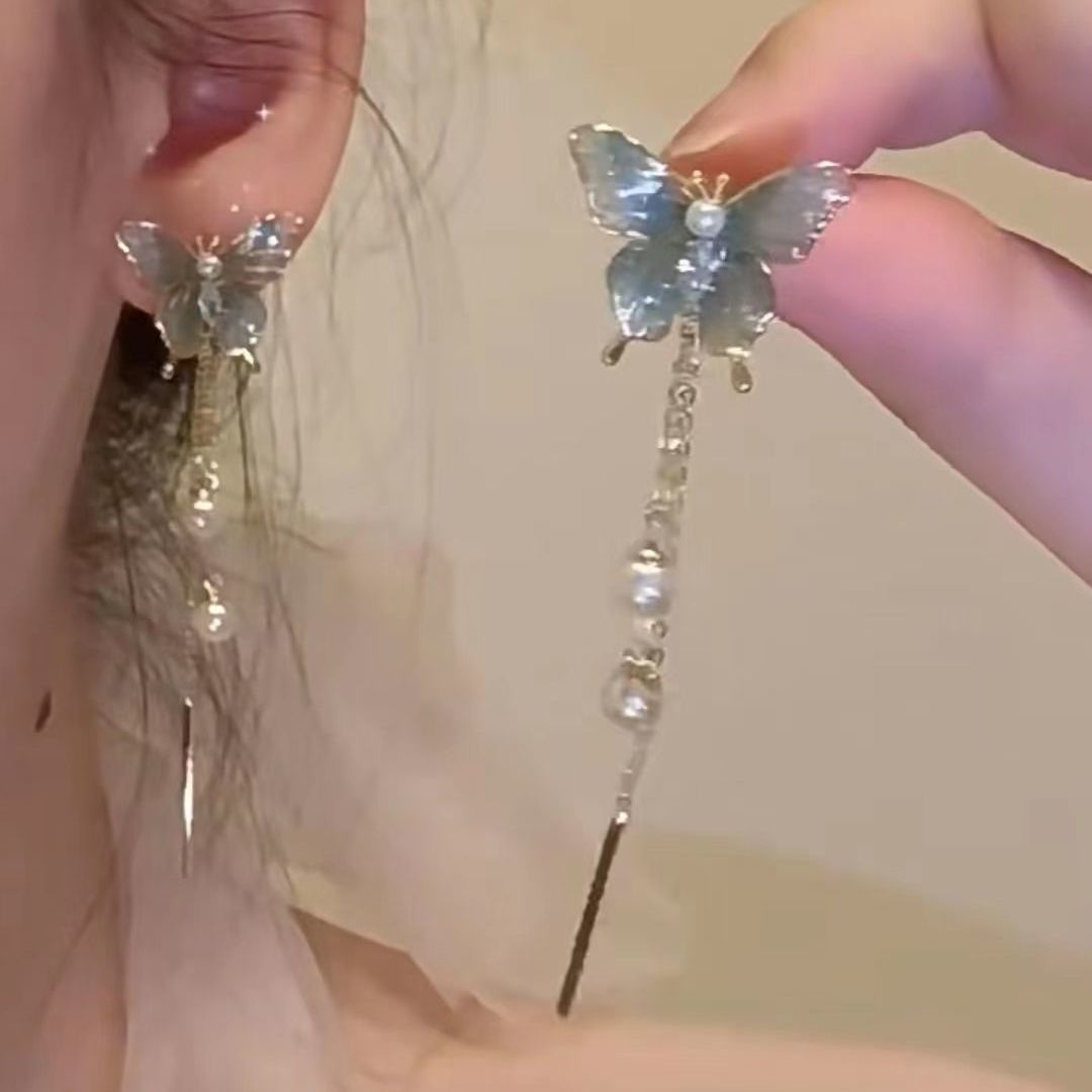 Wholesale blue grey gradient metal butterfly pearl tassel earrings