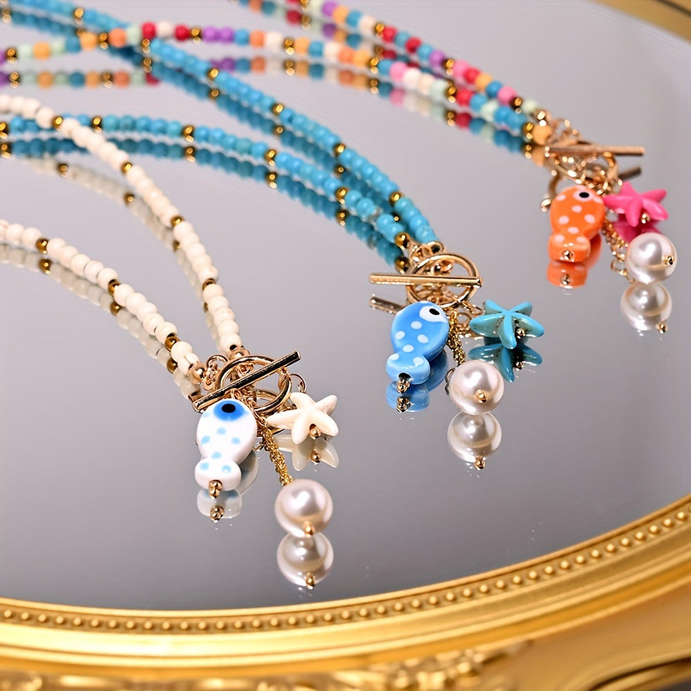 Wholesale Bohemian Blue Fish And Starfish Faux Pearl Beaded Necklace Trendy Party Jewelry Accessory Gift