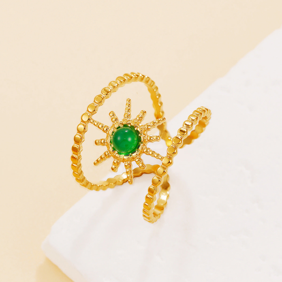 Wholesale Vintage Retro Openwork Star Stainless Steel Ring with Malachite Natural Stone Jewelry Accessory