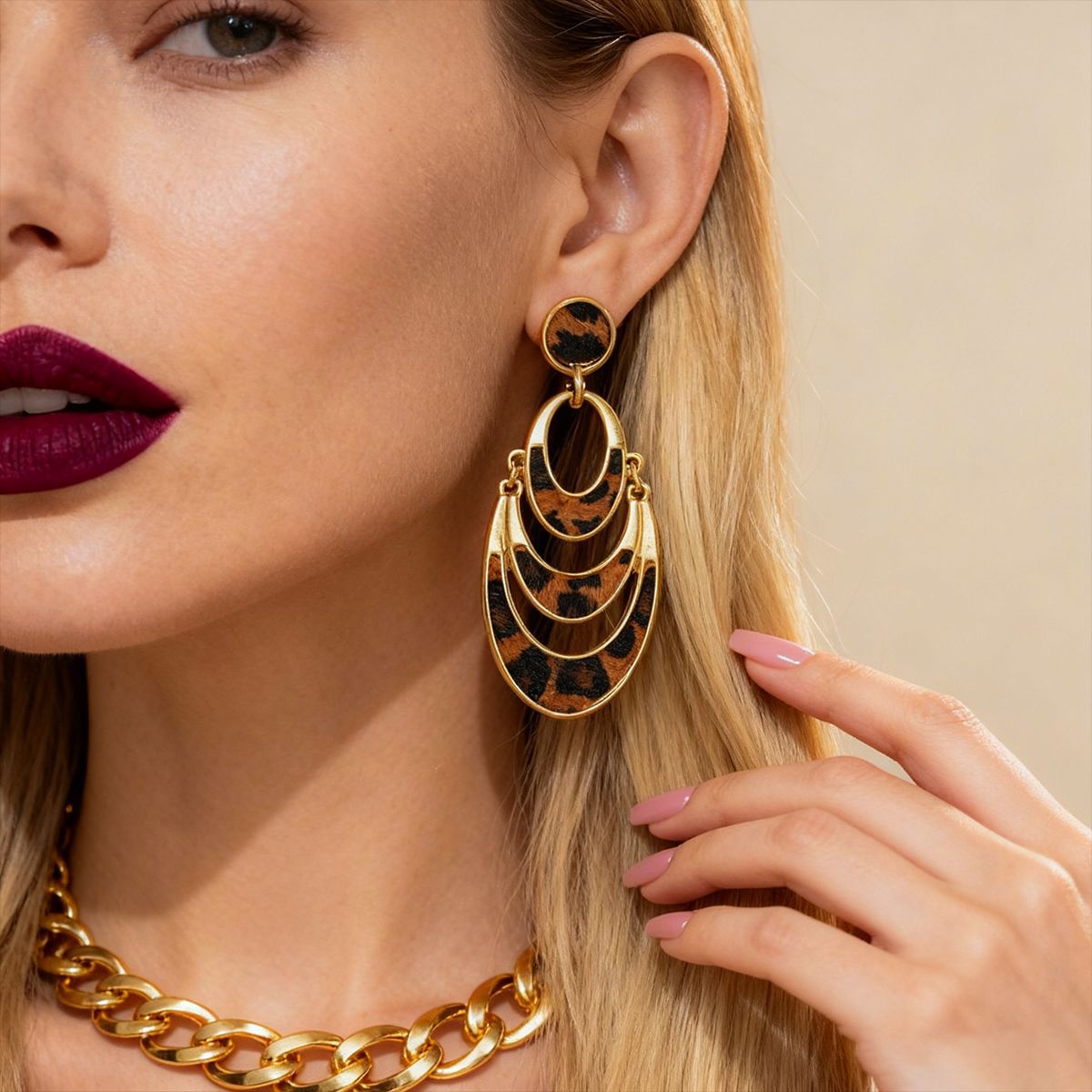 Wholesale Leopard Print Faux Horsehair Multi-Layer Hollow Round Earrings - Trendy Alloy Electroplated Jewelry Gift for Women