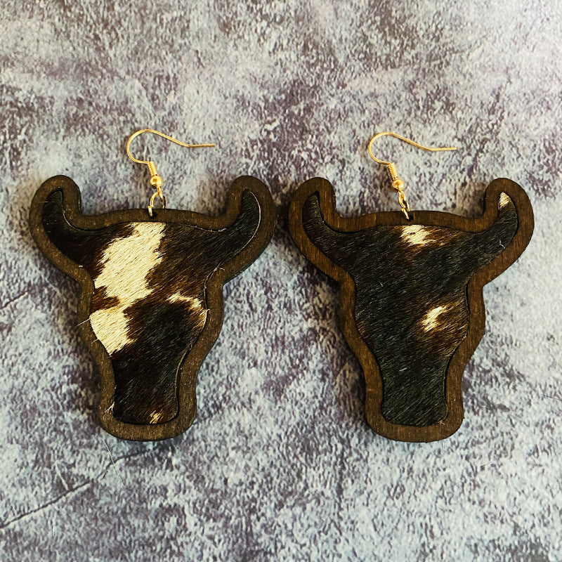 Wholesale retro genuine leather  Western cow head leopard print horse hair inlaid earrings