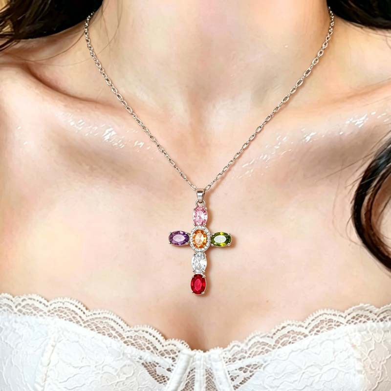 Wholesale Layering Colorful Cross Pendant Necklace Zinc Alloy Crystal Chain Fashion Accessory