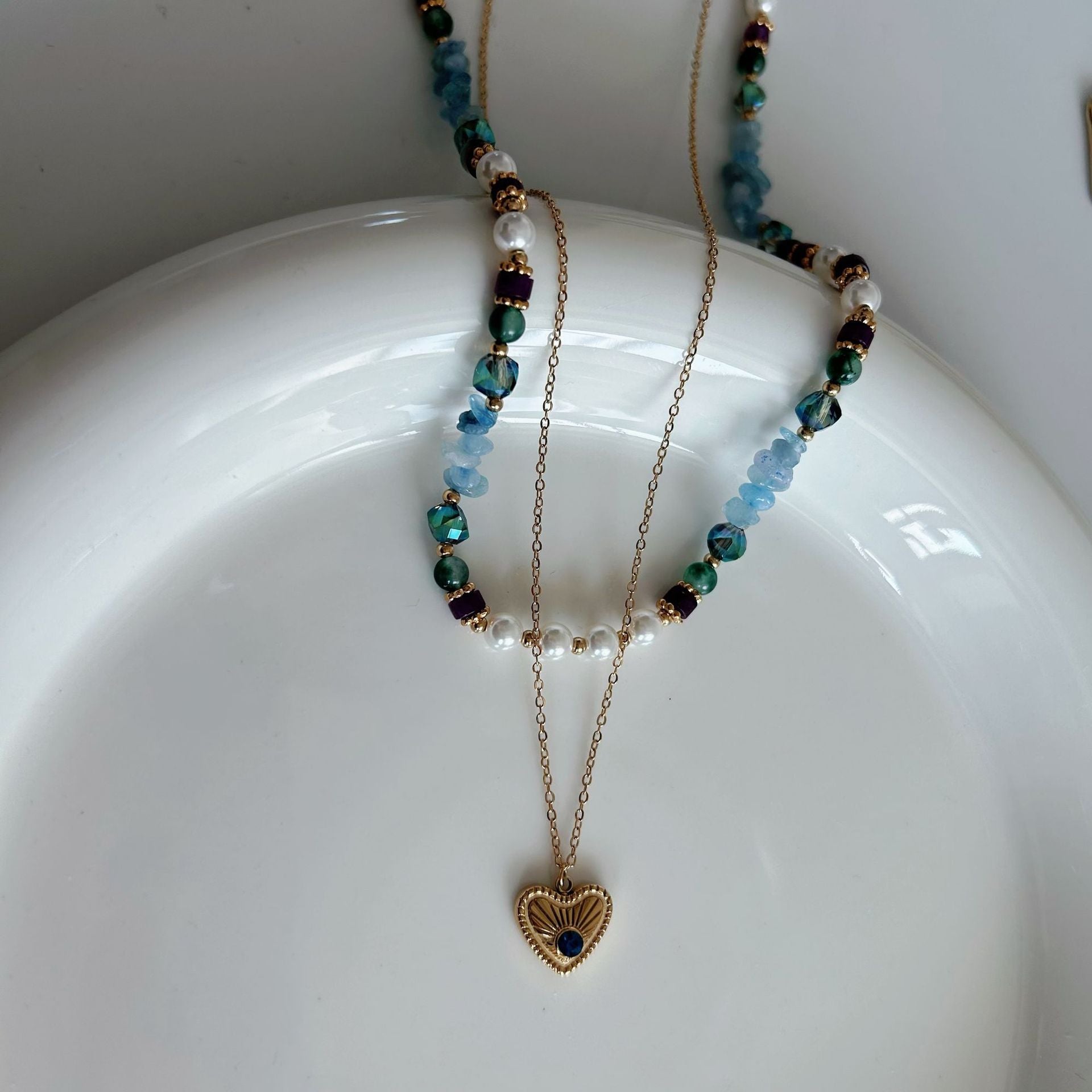 Wholesale  versatile love necklace natural stone beaded stainless steel necklace