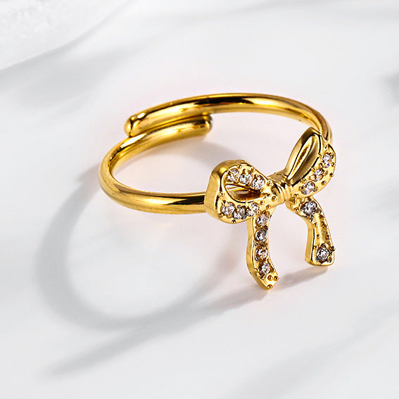 Wholesale 2PCS Steel-titanium bow zircon ring adjustable