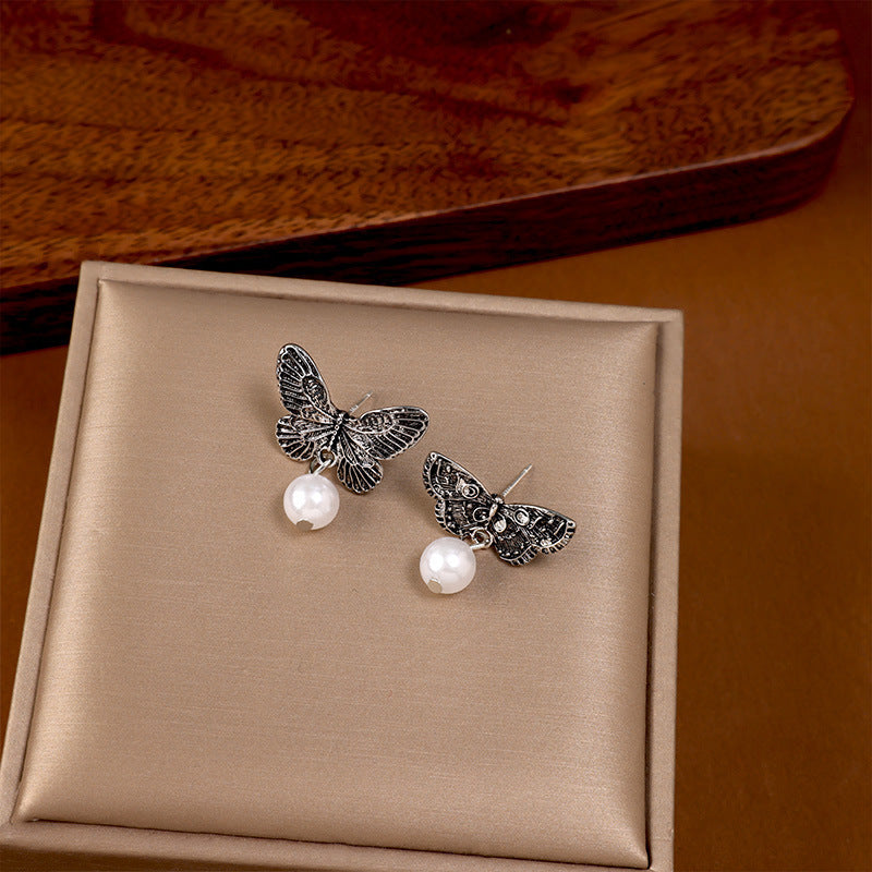 Wholesale Vintage Metallic Asymmetric Butterfly Pearl 925 Silver Needle Earrings ACC-ES-ZhiShifang005