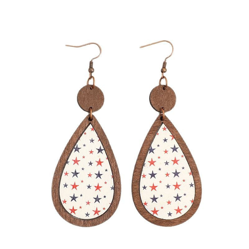 Wholesale American Independence Day teardrop-shaped five-pointed star vintage wooden earrings