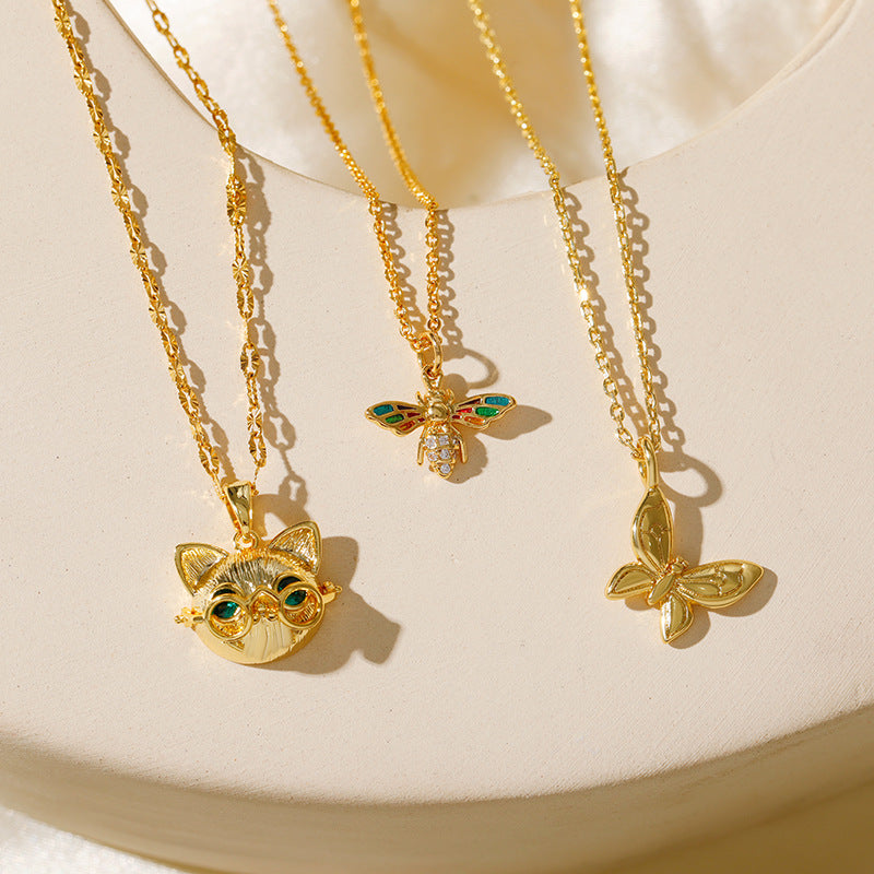 Wholesale Stainless steel  Eye Cat Zircon Copper Plated 18K Gold Color Golden Butterfly Necklaces