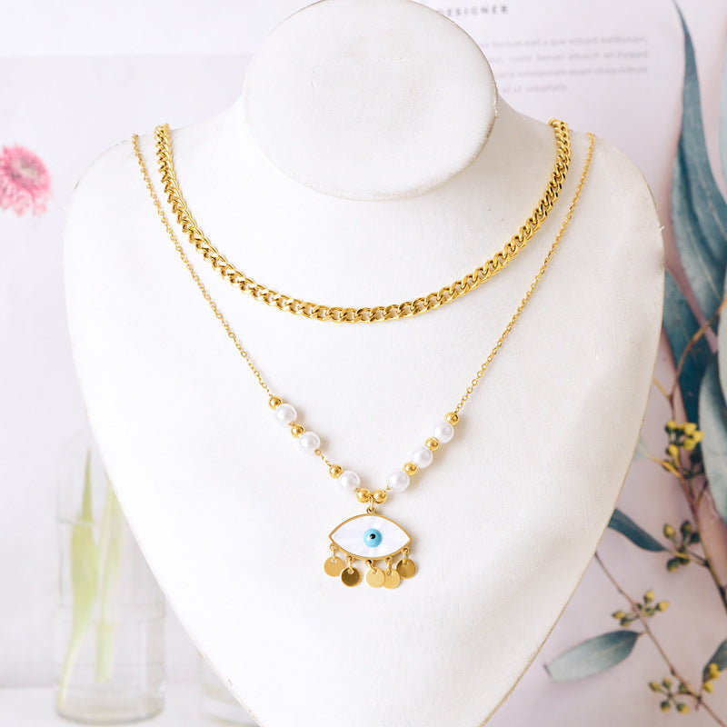 Wholesale Titanium steel color protection double-layer Pearl Heart cross necklace