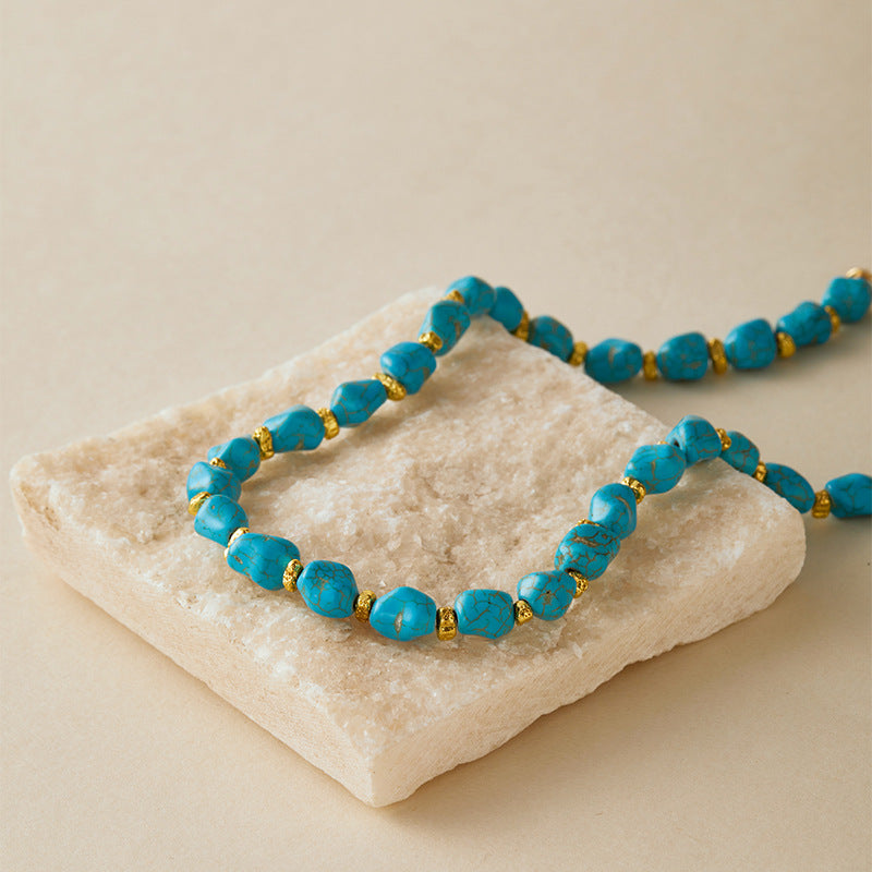 Wholesale Handmade Pine Stone Turquoise Clavicle Necklace Set Retro Blue Beaded Jewelry Accessory Gift