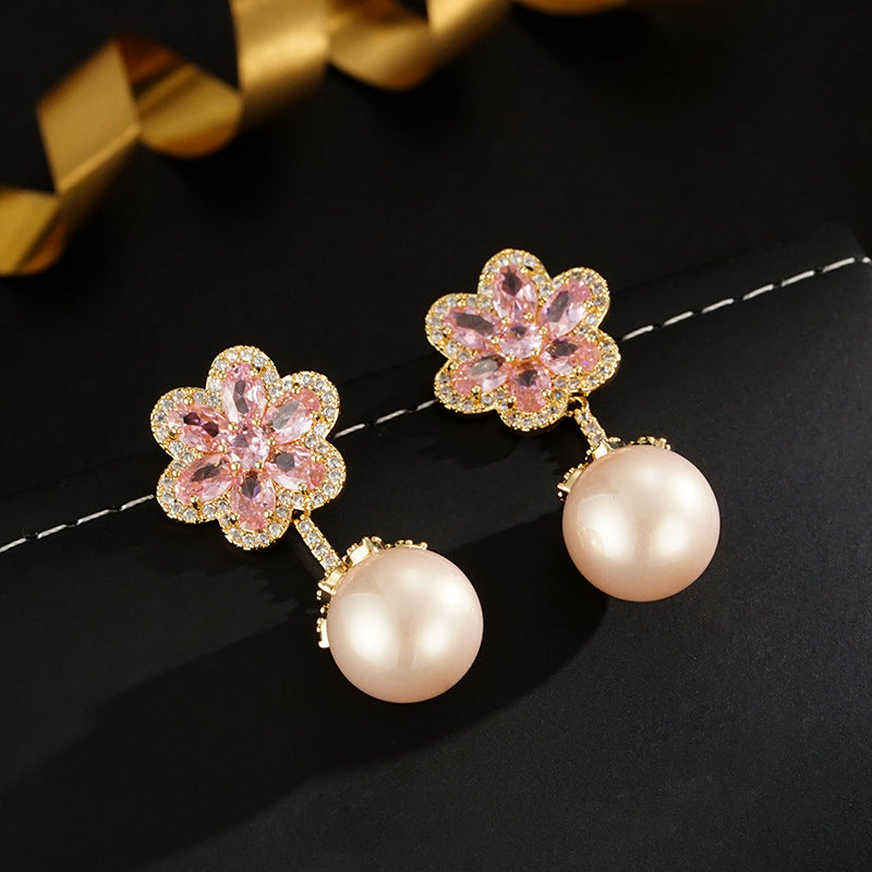 Wholesale Light Luxury Pink Zirconium Flower Earrings