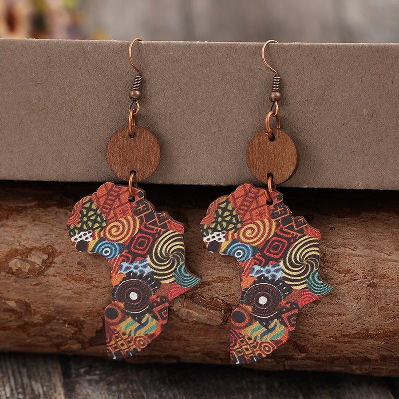 Wholesale Vintage Map Pattern Wooden Bohemian Earrings