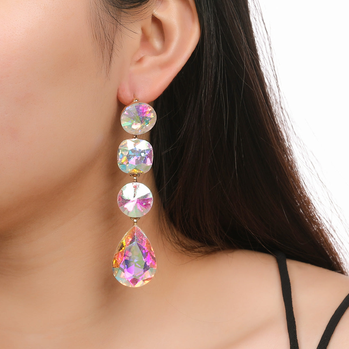 Wholesale AB color drop-shaped rhinestone exaggerated pendant earrings