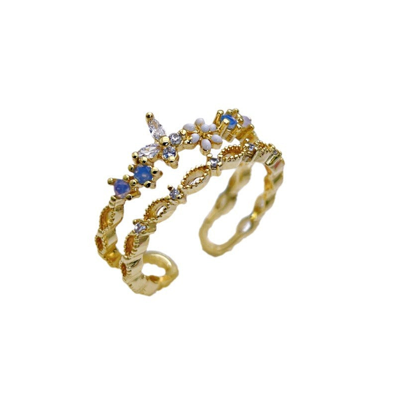 Wholesale Micro-inlaid Oil Drop Butterfly Small Flower Double-layer Hollow Open Rings ACC-RS-YXY019